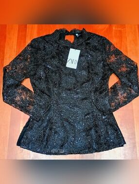 Zara Black Sequin Lace Long-Sleeve Top Size M NWT